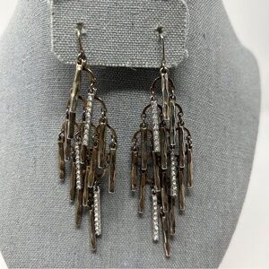 Silver Tone Light Brown Textured Chandelier Long Dangle Earrings Rhinestones